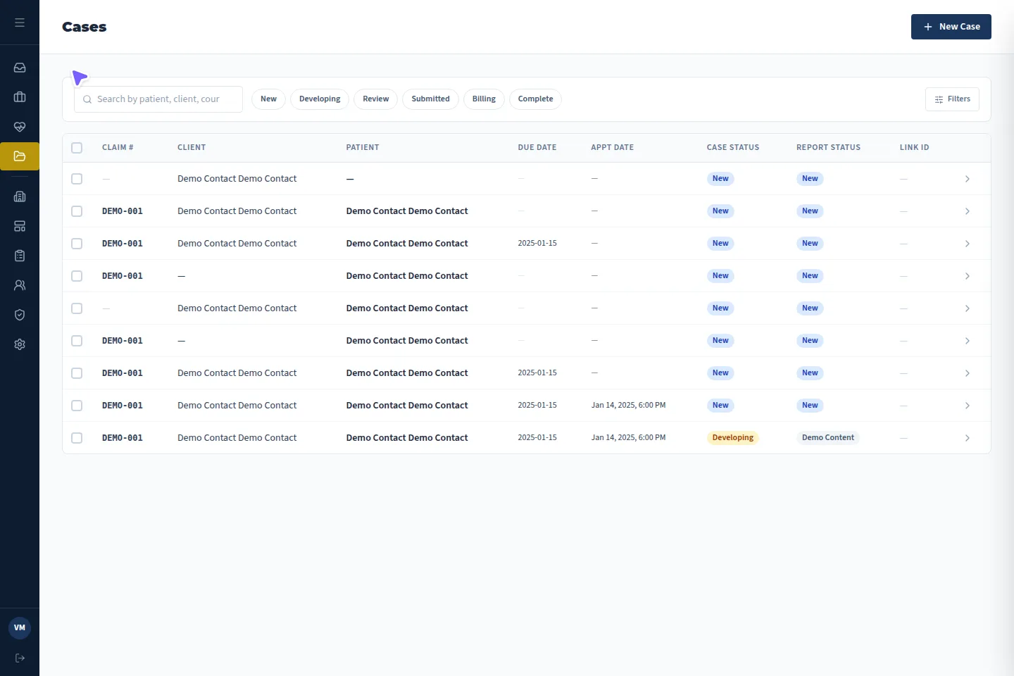 VMx Cases directory with statuses and assignments