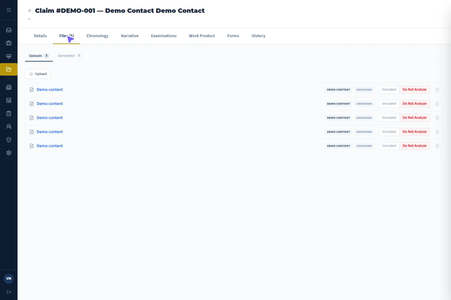 VMx case Files directory listing documents attached to a case